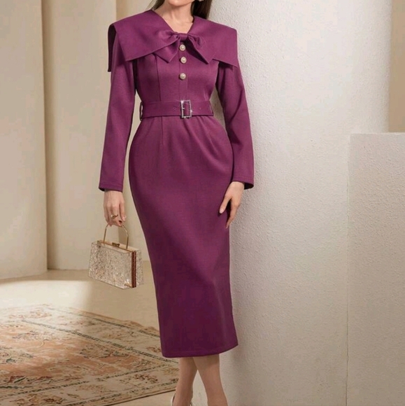 Women's Solid Color Navy Collar Long Sleeve Button Design Elegant Evening Dress - Picture 1 of 5